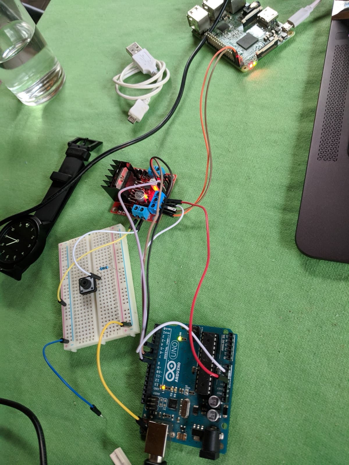 Bench test: Raspberry Pi, Arduino, and motor driver before going into the can
