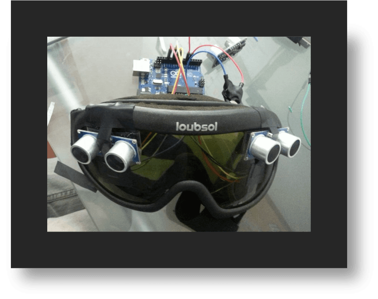 An early MVP: four ultrasonic sensors and an Arduino wired onto swim goggles