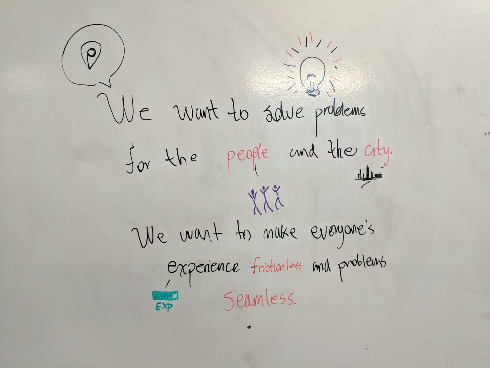 Whiteboard from a strategy session: we want to solve problems for the people and the city