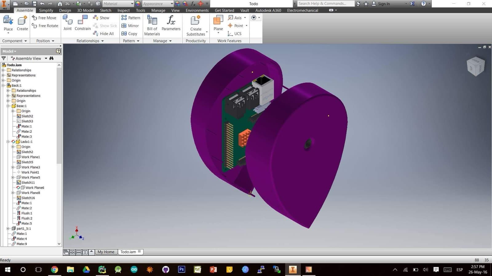 The case assembly in Autodesk Inventor, Raspberry Pi inside