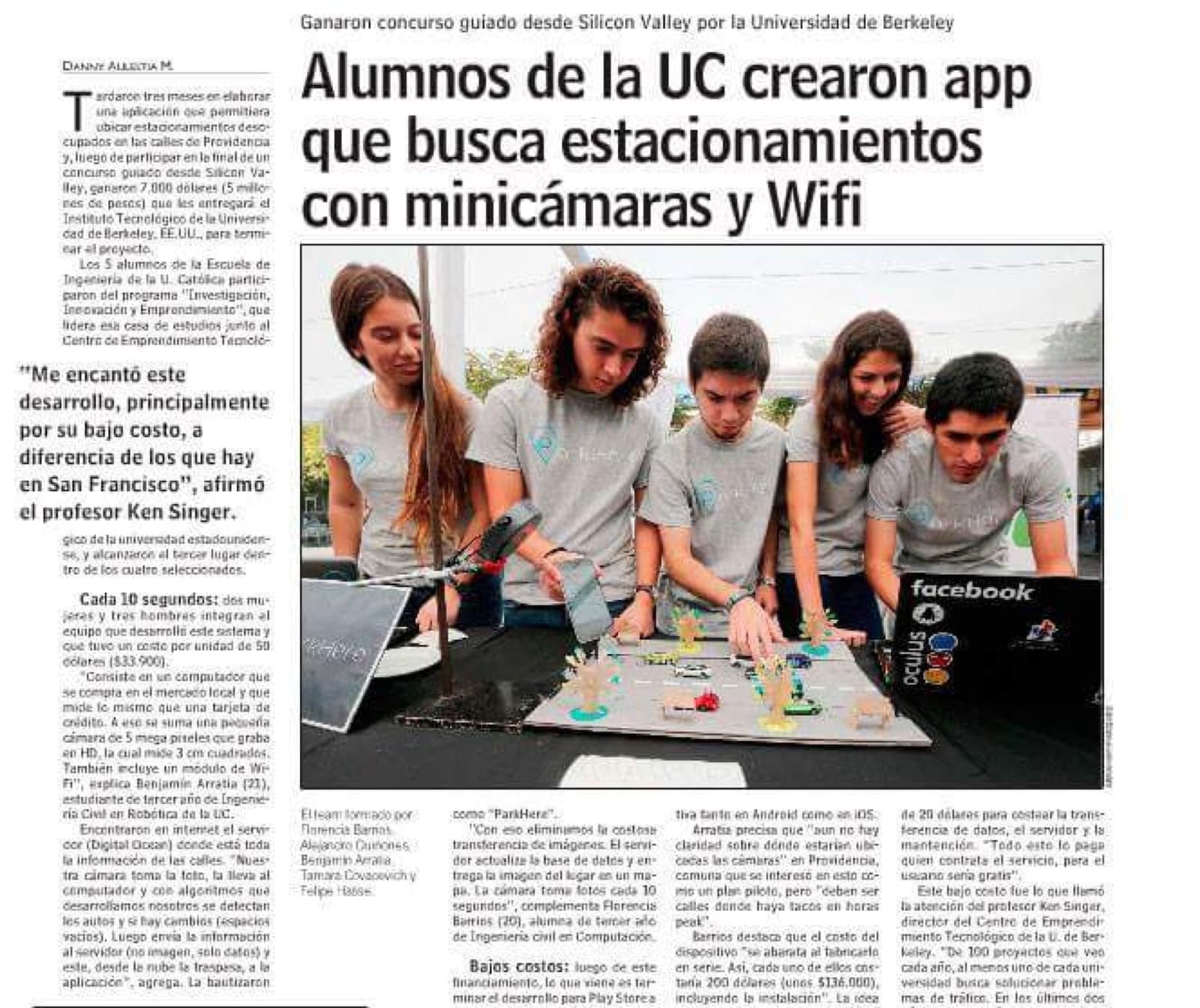 El Mercurio covering ParkHere: smart cameras and WiFi to find parking