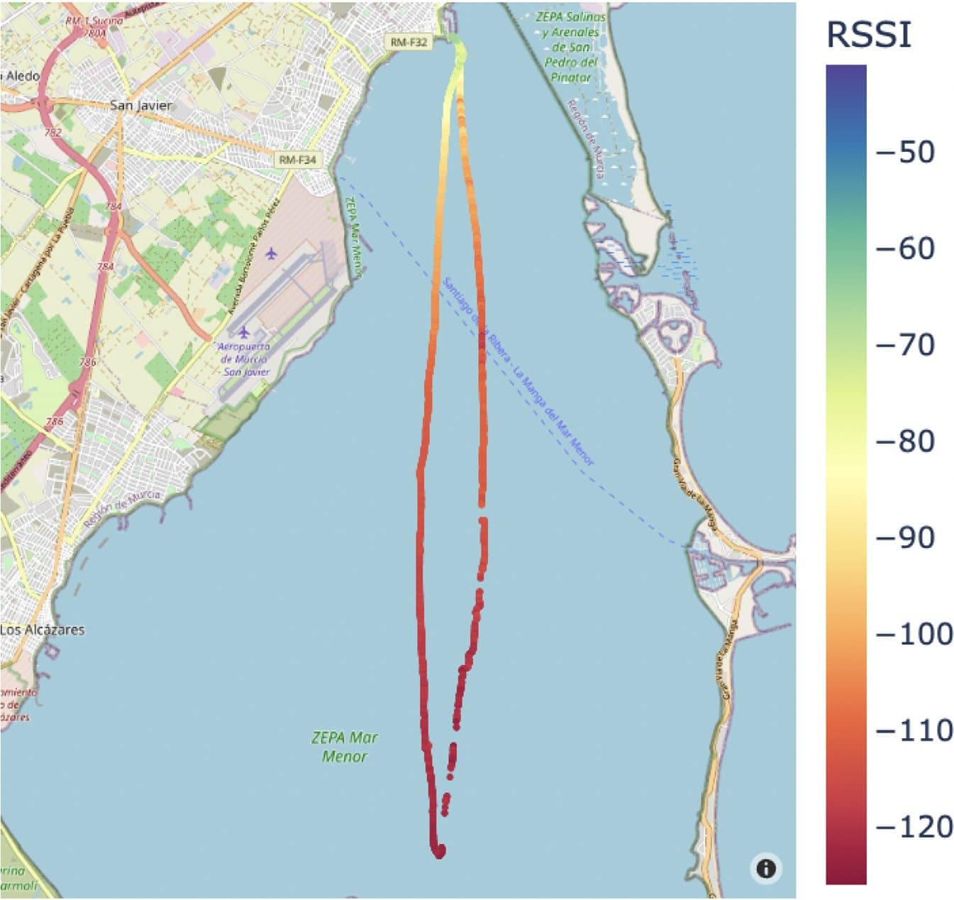 Signal strength map of the Mar Menor range test, from the gateway out to the buoy